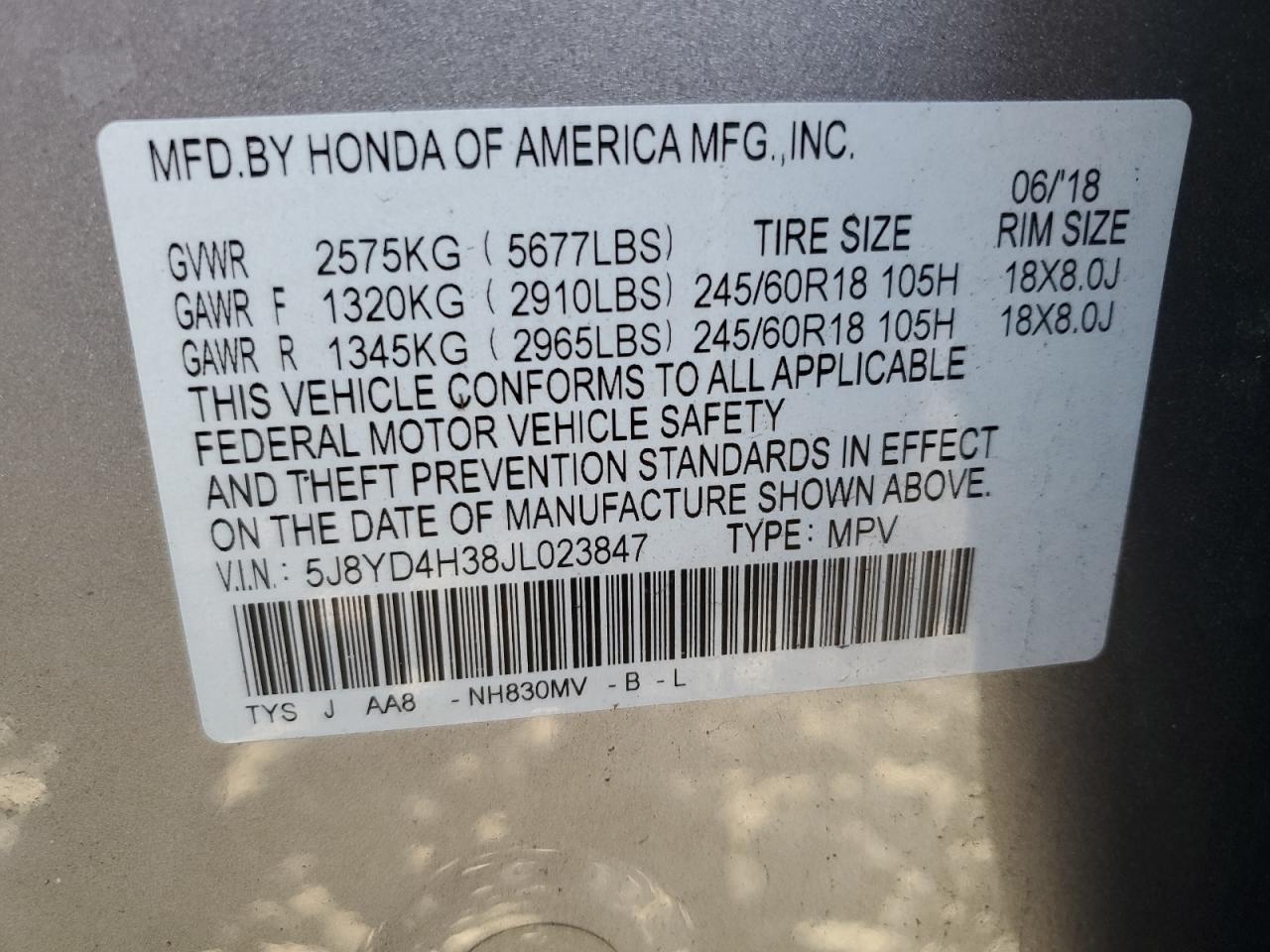 2018 Acura Mdx VIN: 5J8YD4H38JL023847 Lot: 91284925