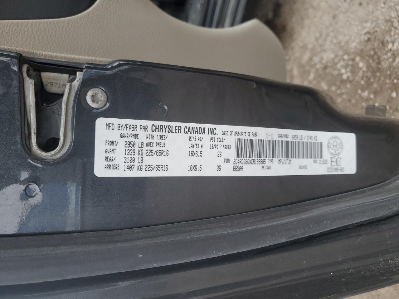 2012 Dodge Grand Caravan Se VIN: 2C4RDGBGXCR198885 Lot: 93479315