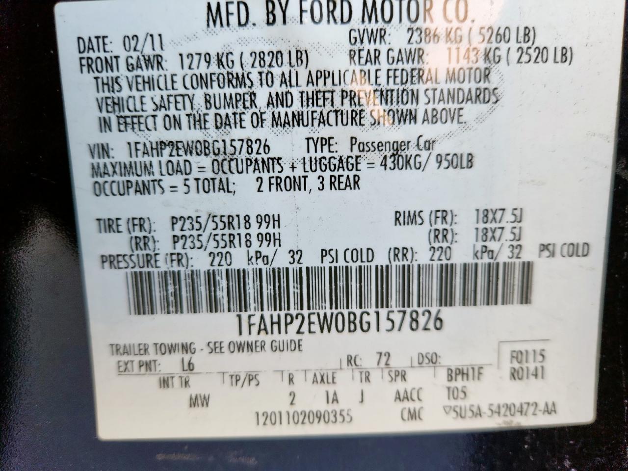 2011 Ford Taurus Sel VIN: 1FAHP2EW0BG157826 Lot: 91937155