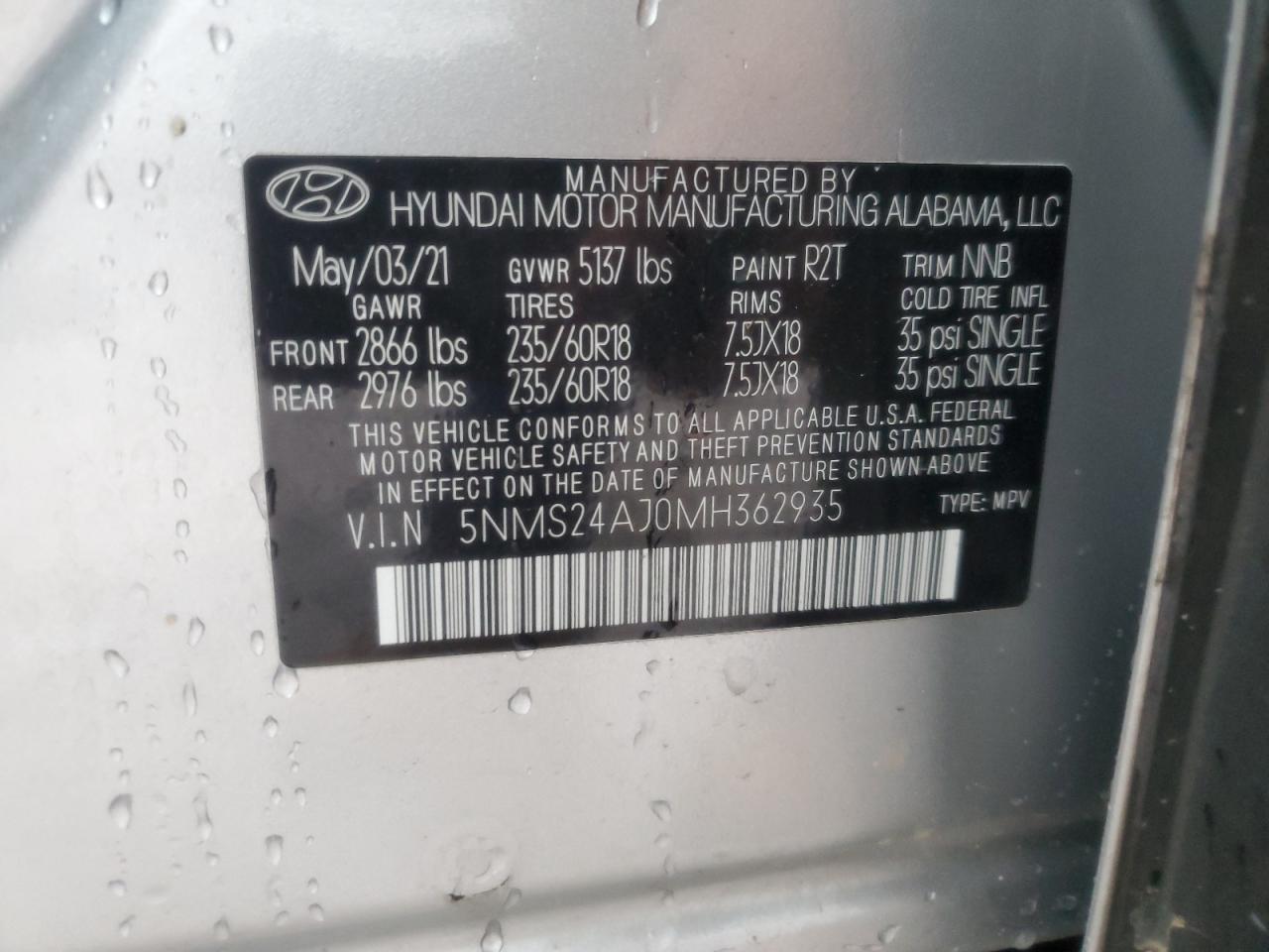 2021 Hyundai Santa Fe Sel VIN: 5NMS24AJ0MH362935 Lot: 93682355