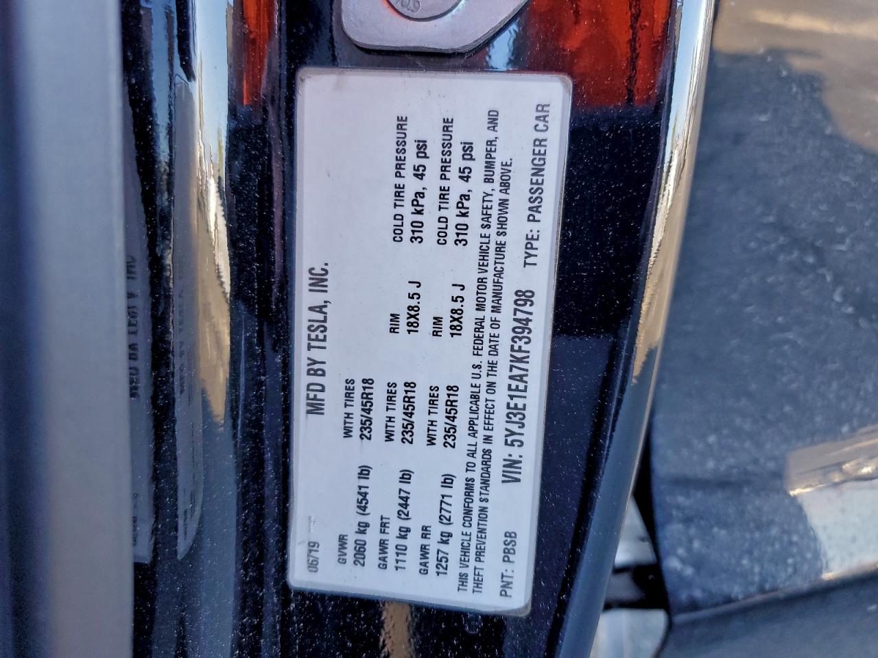 2019 Tesla Model 3 VIN: 5YJ3E1EA7KF394798 Lot: 93985265