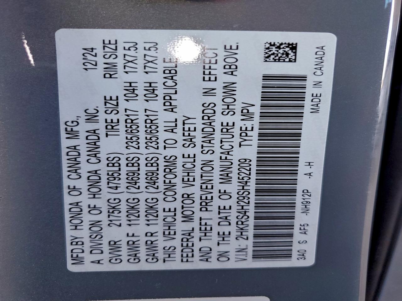 2025 Honda Cr-V Lx VIN: 2HKRS4H29SH452209 Lot: 94401925