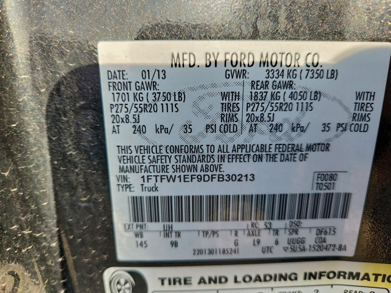 2013 Ford F150 Supercrew VIN: 1FTFW1EF9DFB30213 Lot: 94286065