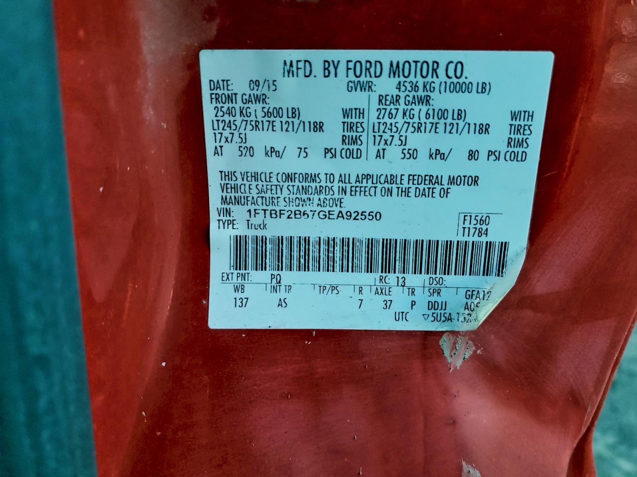 2016 Ford F250 Super Duty VIN: 1FTBF2B67GEA92550 Lot: 94699465