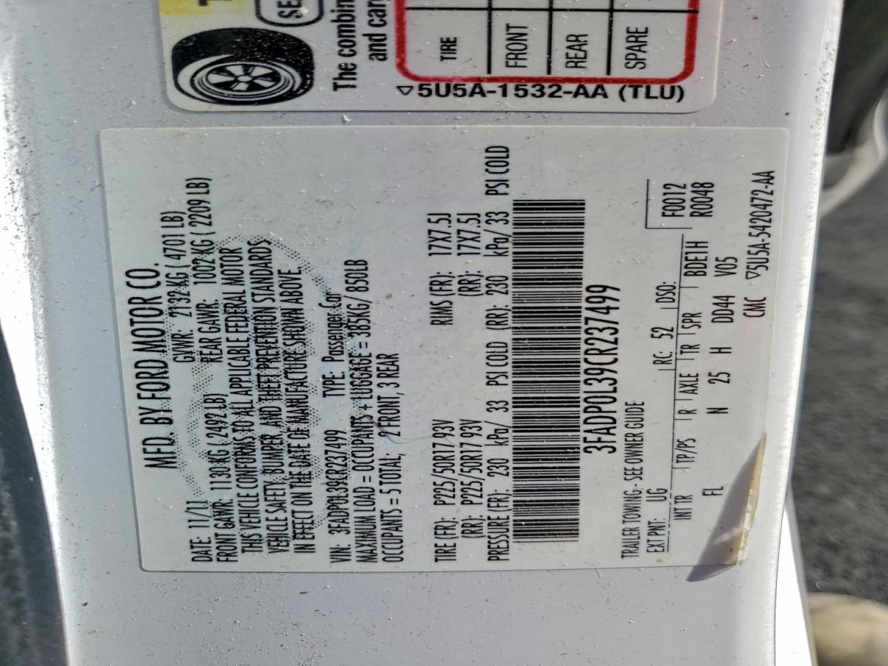 2012 Ford Fusion Hybrid VIN: 3FADP0L39CR237499 Lot: 93891895