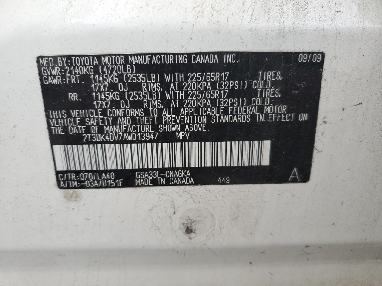 2010 Toyota Rav4 Limited VIN: 2T3DK4DV7AW013947 Lot: 92523035