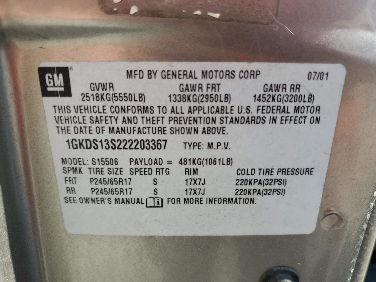 2002 GMC Envoy VIN: 1GKDS13S222203367 Lot: 91797135