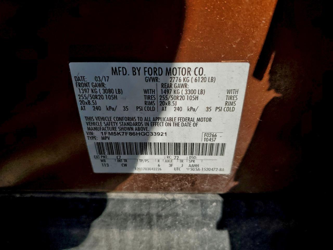 2017 Ford Explorer Limited VIN: 1FM5K7F86HGC33921 Lot: 94575215