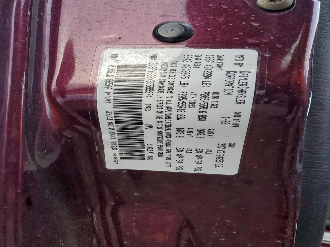 2003 Chrysler Pt Cruiser Limited VIN: 3C8FY68BX3T595974 Lot: 94110525