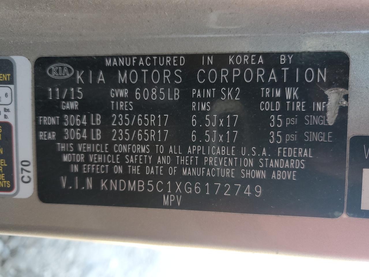 2016 Kia Sedona Lx VIN: KNDMB5C1XG6172749 Lot: 91011665