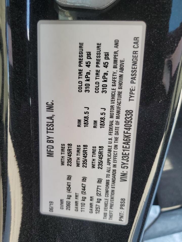 2019 Tesla Model 3 VIN: 5YJ3E1EA6KF409338 Lot: 93230585