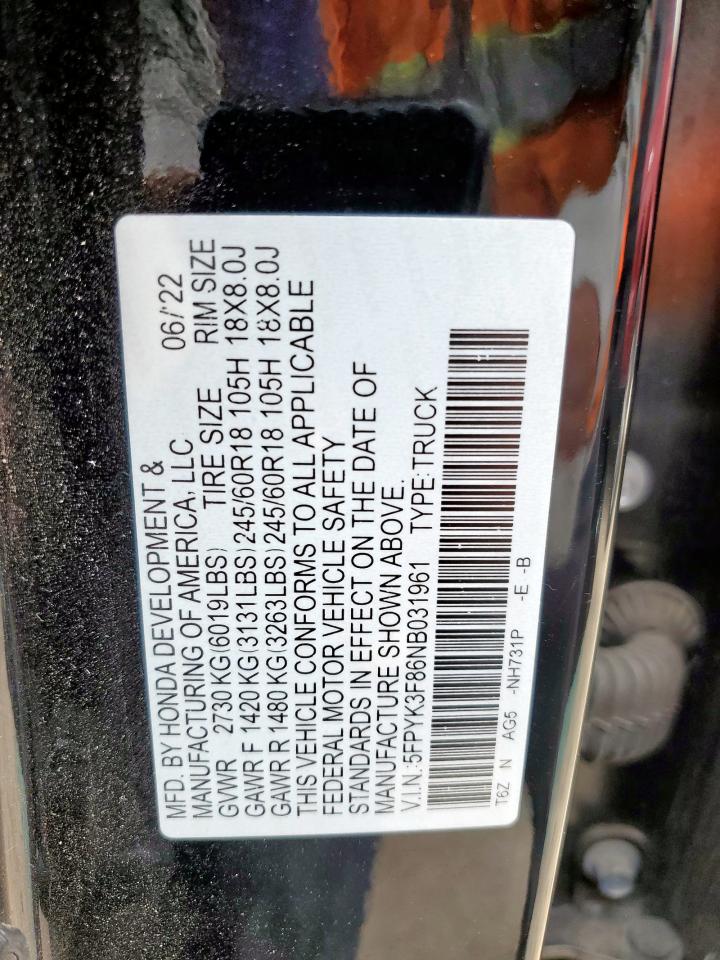 2022 Honda Ridgeline Black Edition VIN: 5FPYK3F86NB031961 Lot: 92079515