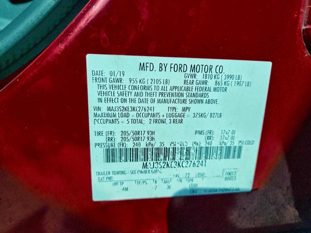 2019 Ford Ecosport Titanium VIN: MAJ3S2KE3KC276241 Lot: 94141415