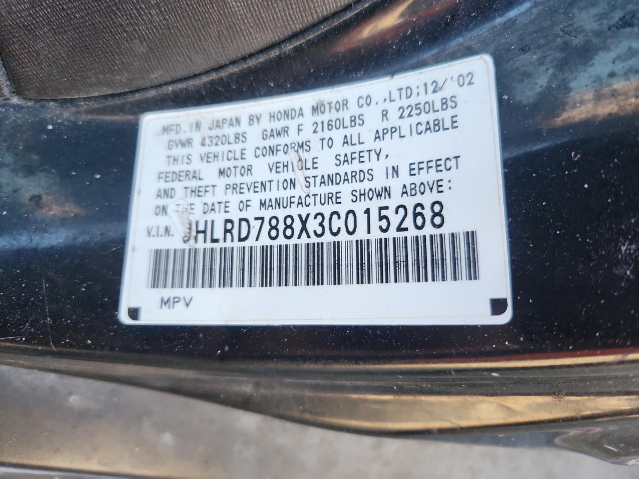2003 Honda Cr-V Ex VIN: JHLRD788X3C015268 Lot: 92917155