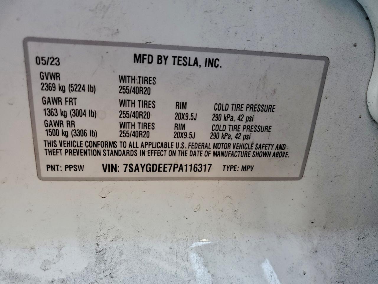 2023 Tesla Model Y VIN: 7SAYGDEE7PA116317 Lot: 94511685