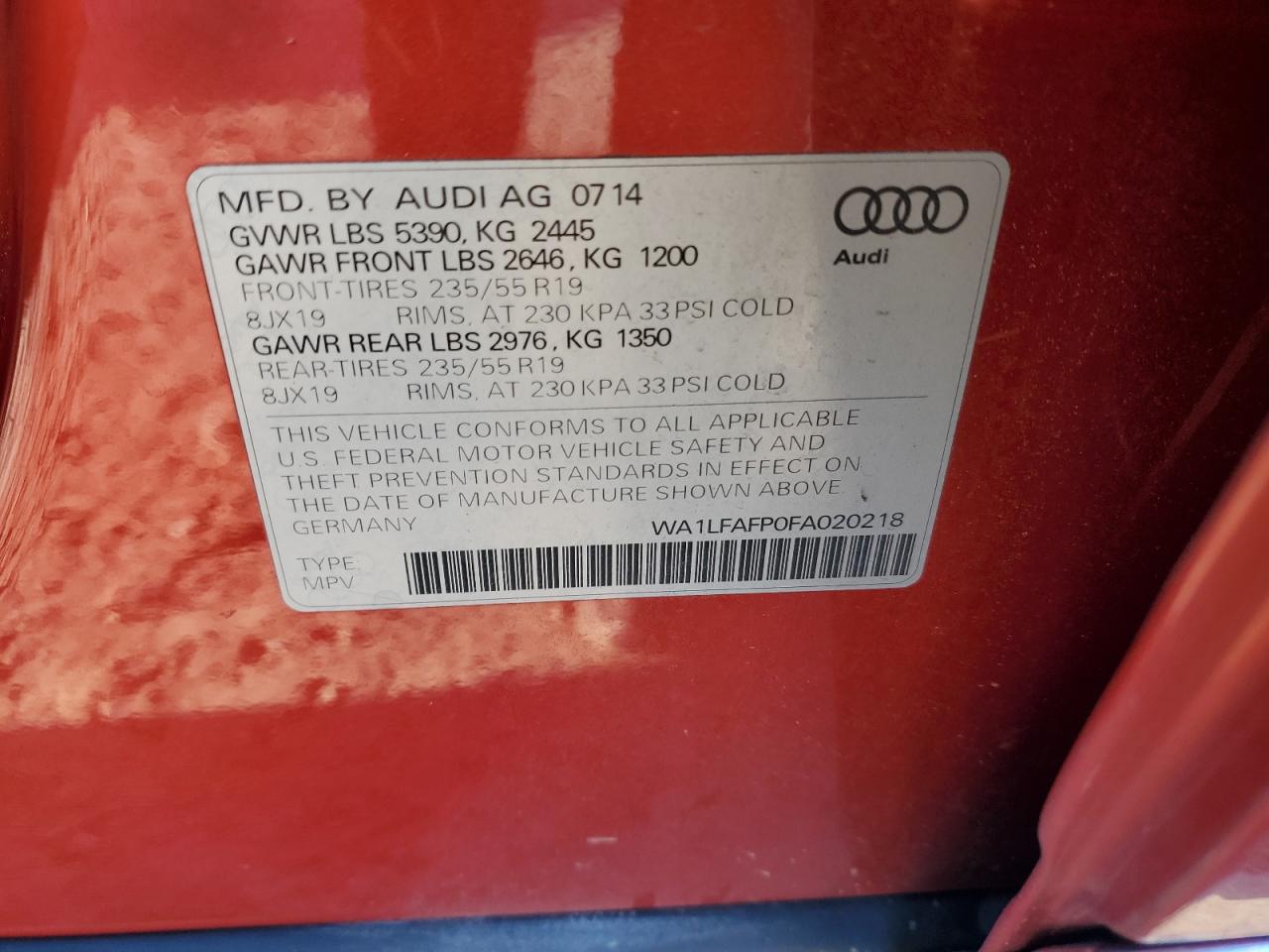 2015 Audi Q5 Premium Plus VIN: WA1LFAFP0FA020218 Lot: 92850305