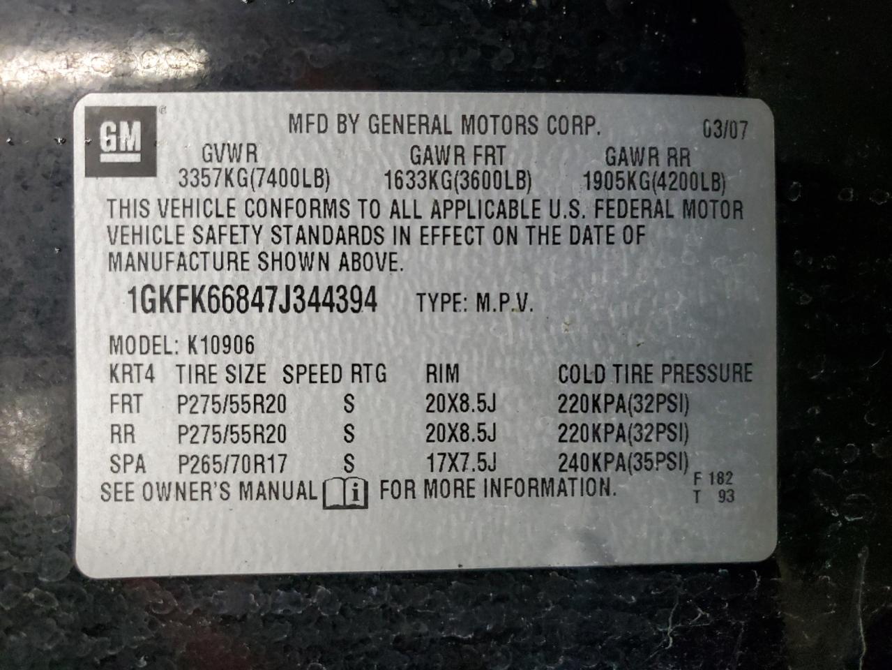 2007 GMC Yukon Xl Denali VIN: 1GKFK66847J344394 Lot: 93720935