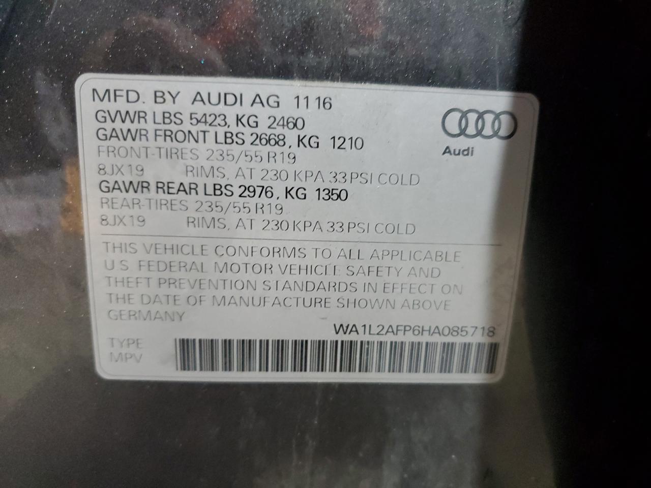 2017 Audi Q5 Premium Plus VIN: WA1L2AFP6HA085718 Lot: 91678005