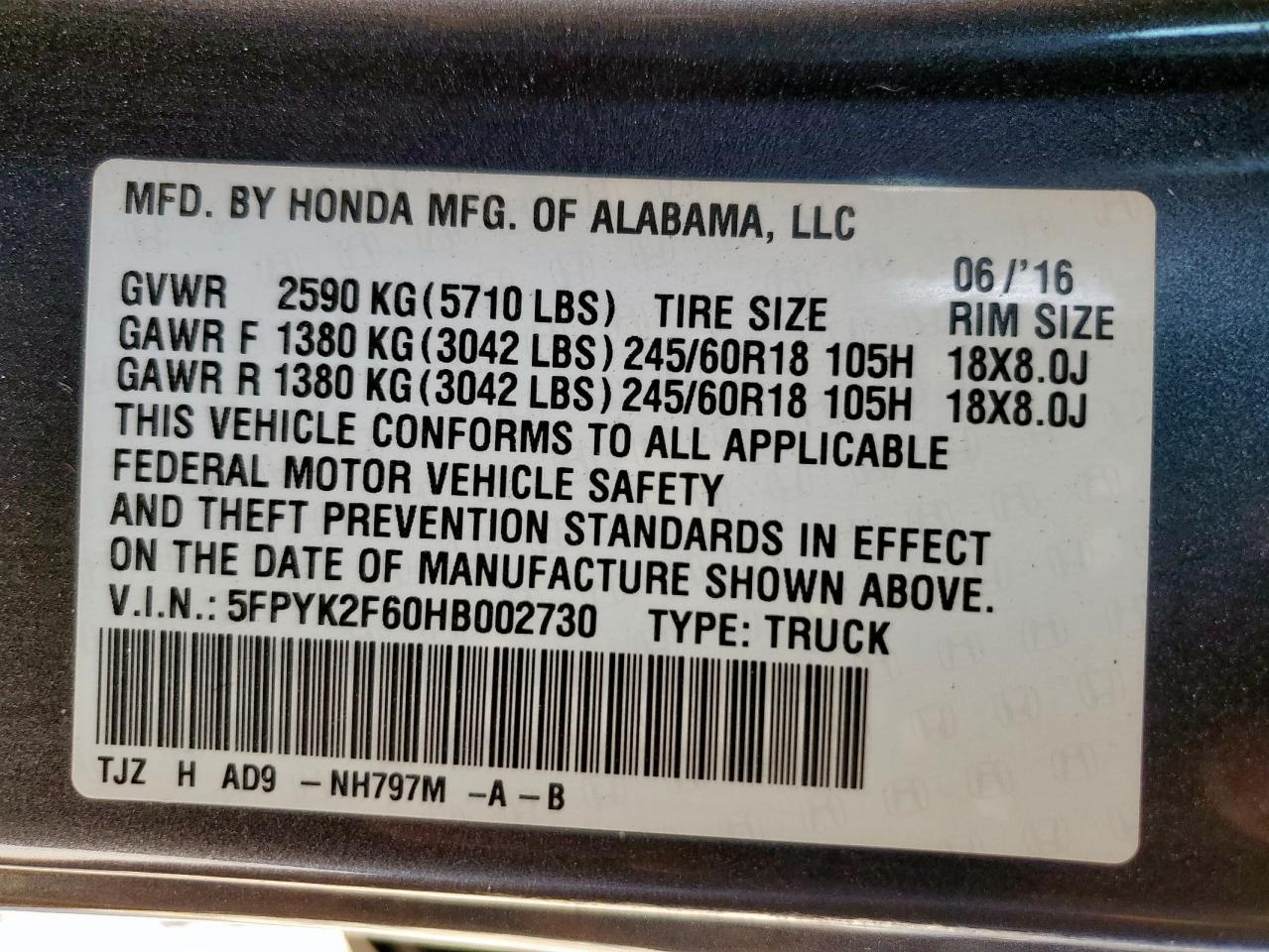 2017 Honda Ridgeline Rtl VIN: 5FPYK2F60HB002730 Lot: 93400505
