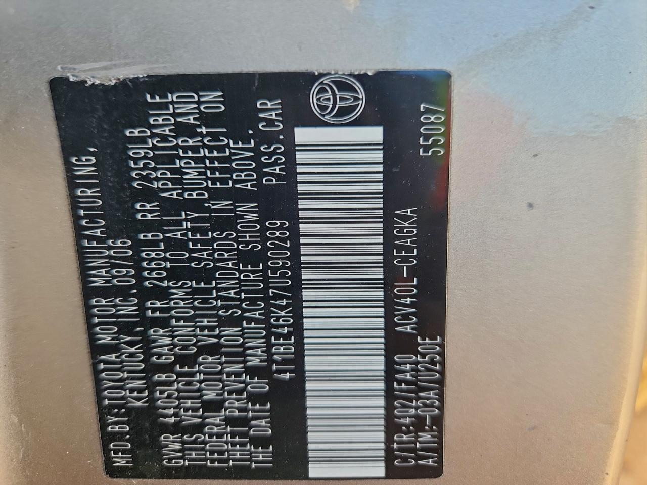 2007 Toyota Camry Ce VIN: 4T1BE46K47U590289 Lot: 93121495