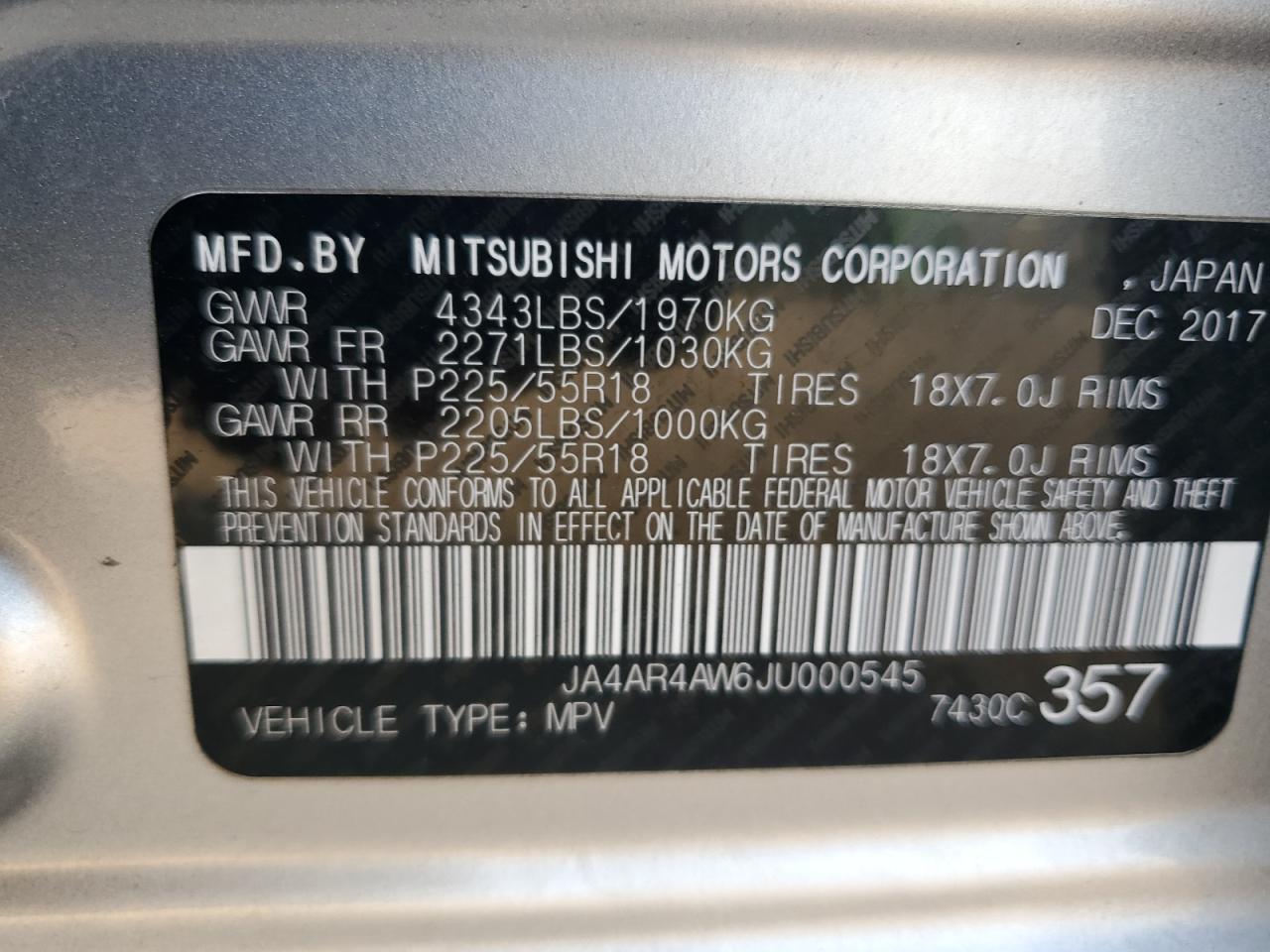 2018 Mitsubishi Outlander Sport Sel VIN: JA4AR4AW6JU000545 Lot: 91136495