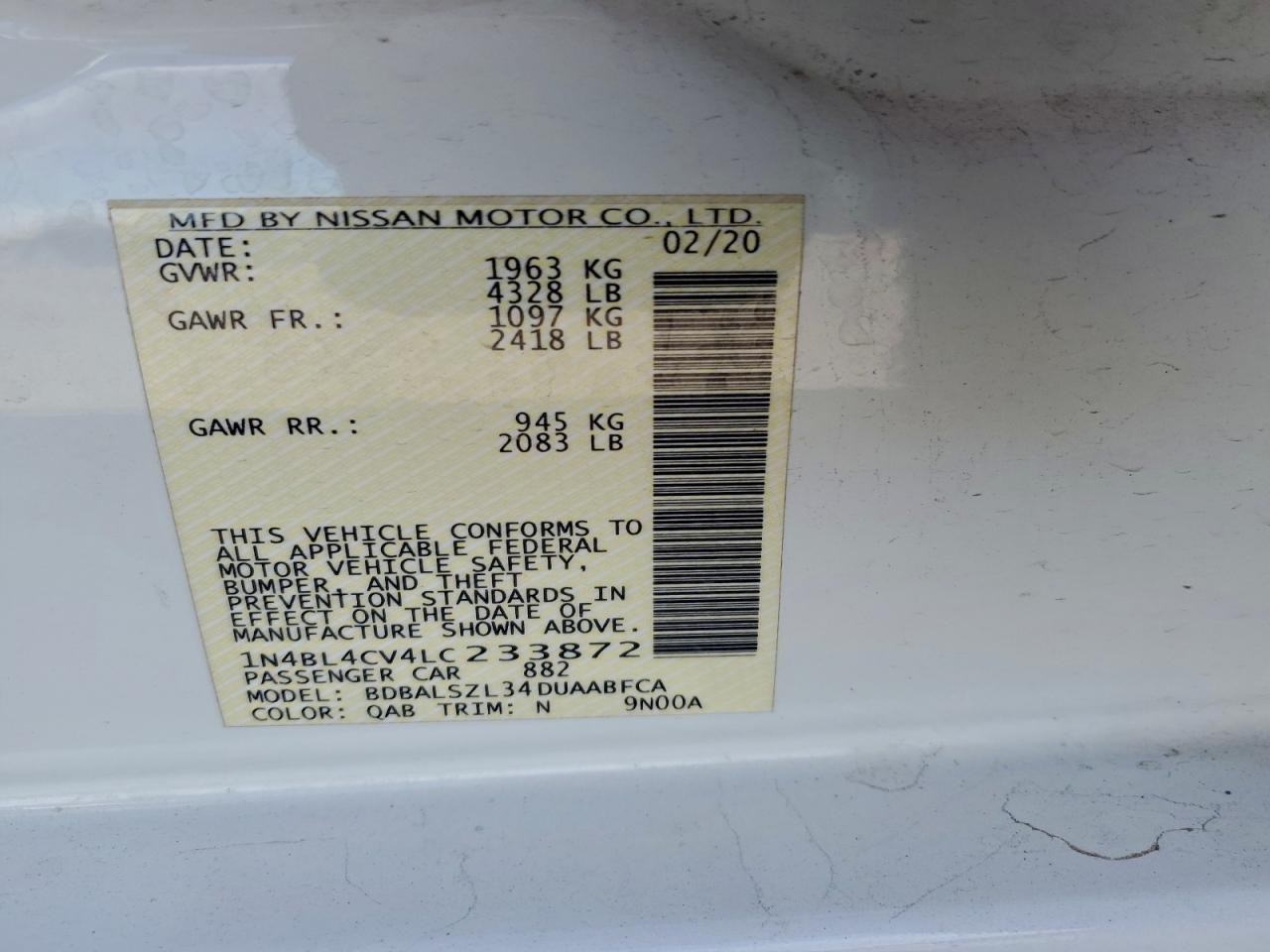 2020 Nissan Altima Sr VIN: 1N4BL4CV4LC233872 Lot: 93219455