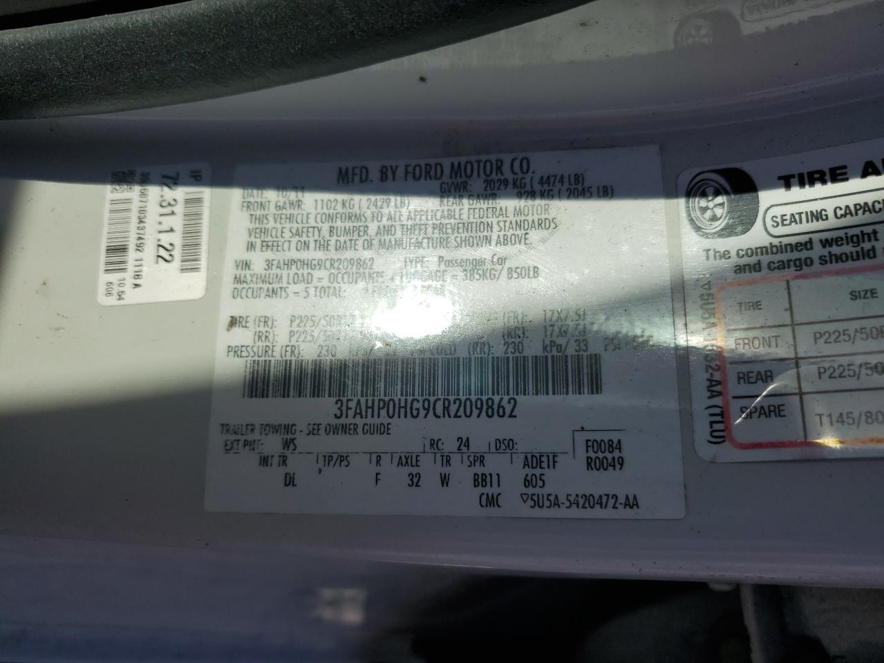 2012 Ford Fusion Se VIN: 3FAHP0HG9CR209862 Lot: 92368115