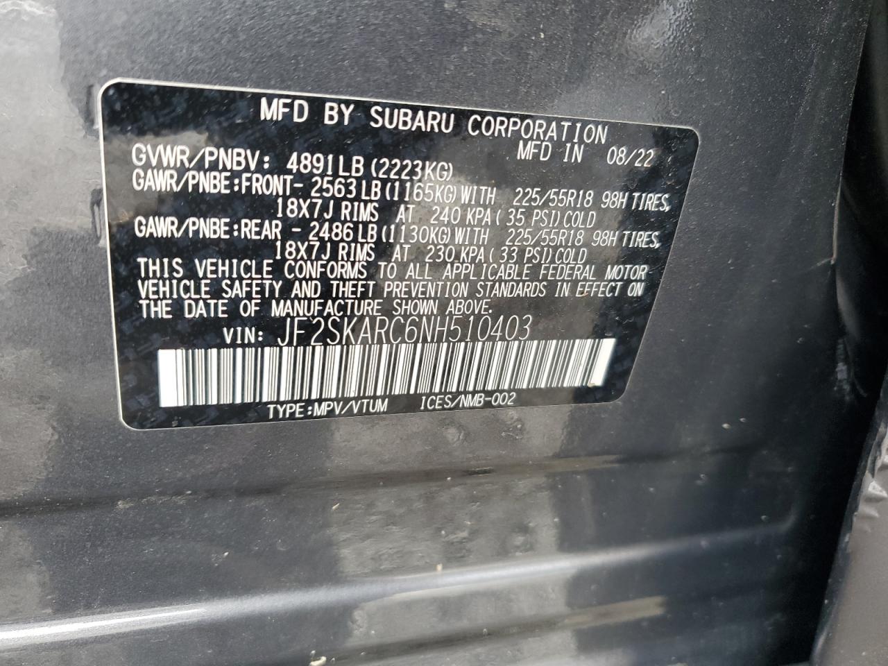 2022 Subaru Forester Touring VIN: JF2SKARC6NH510403 Lot: 93133075