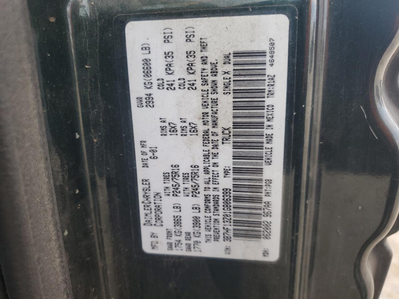 2001 Dodge Ram 1500 VIN: 3B7HF13Z01G806399 Lot: 92226185