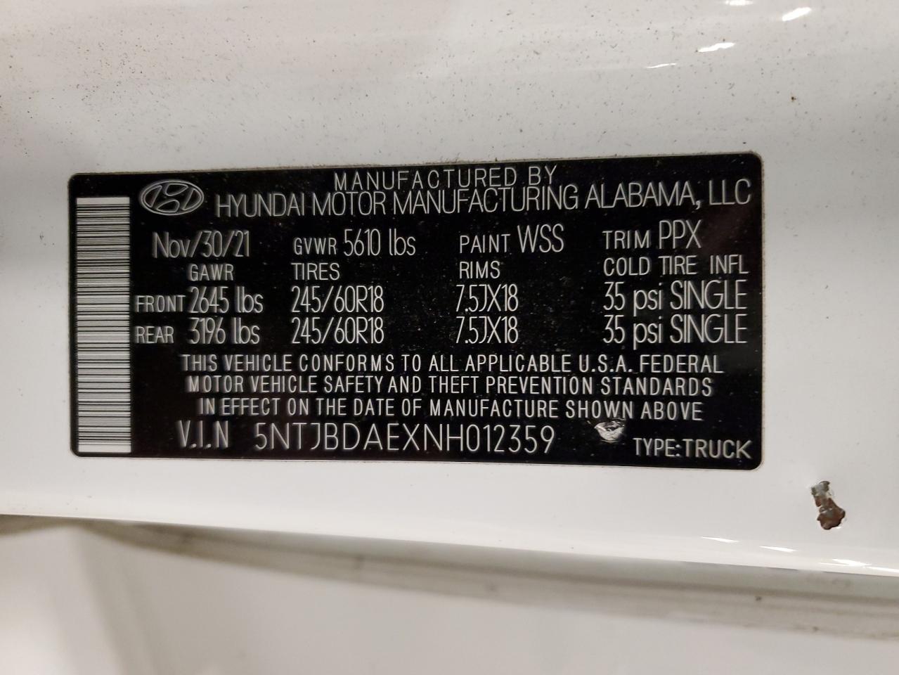 2022 Hyundai Santa Cruz Sel VIN: 5NTJBDAEXNH012359 Lot: 91111485