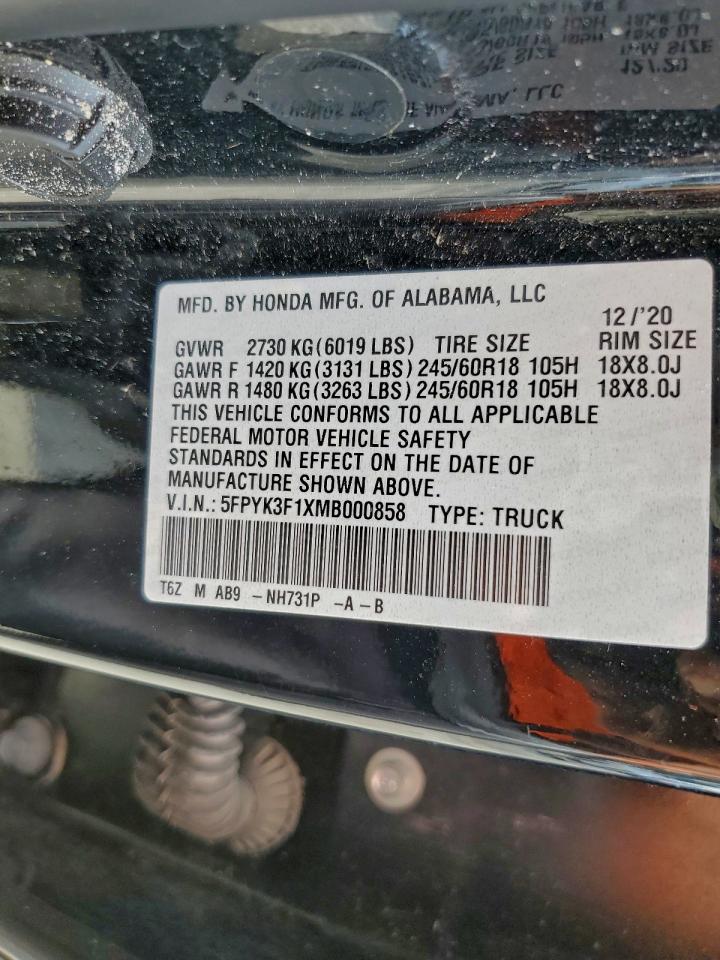 2021 Honda Ridgeline Sport VIN: 5FPYK3F1XMB000858 Lot: 94374875