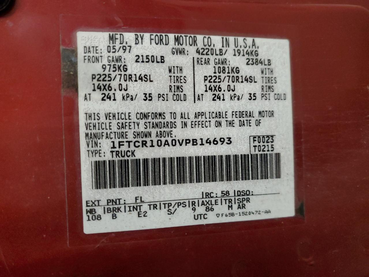 1997 Ford Ranger VIN: 1FTCR10A0VPB14693 Lot: 93887635