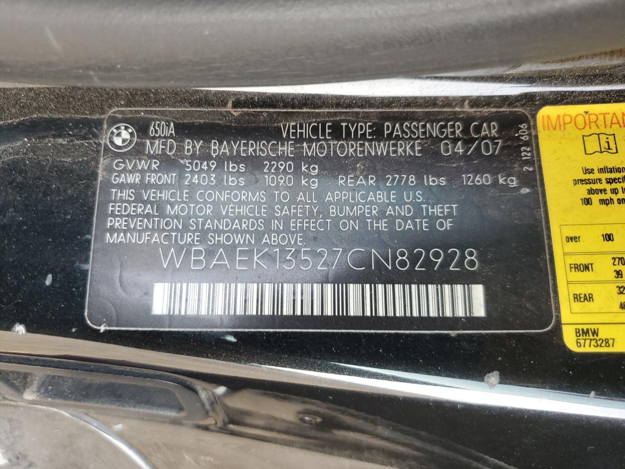 2007 BMW 650 I VIN: WBAEK13527CN82928 Lot: 93641855