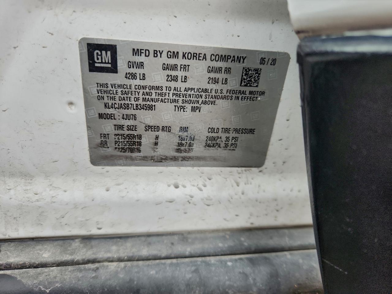 2020 Buick Encore Preferred VIN: KL4CJASB7LB345981 Lot: 94175475