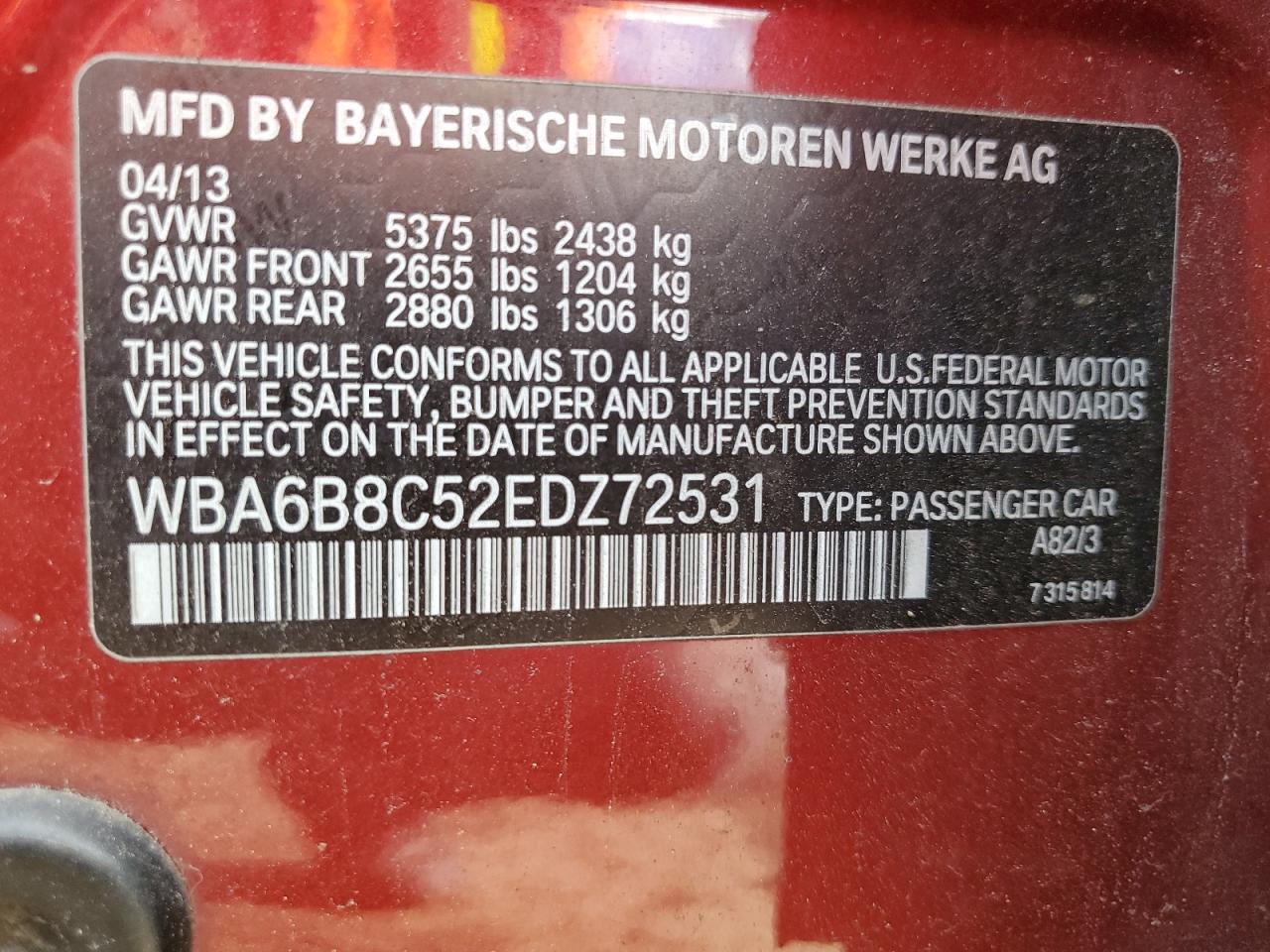 2014 BMW 640 Xi Gran Coupe VIN: WBA6B8C52EDZ72531 Lot: 91519915