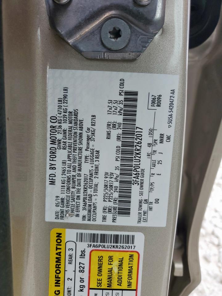 2019 Ford Fusion Se VIN: 3FA6P0LU2KR262017 Lot: 93027115