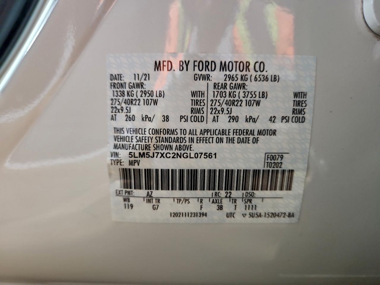 2022 Lincoln Aviator Reserve VIN: 5LM5J7XC2NGL07561 Lot: 93003225