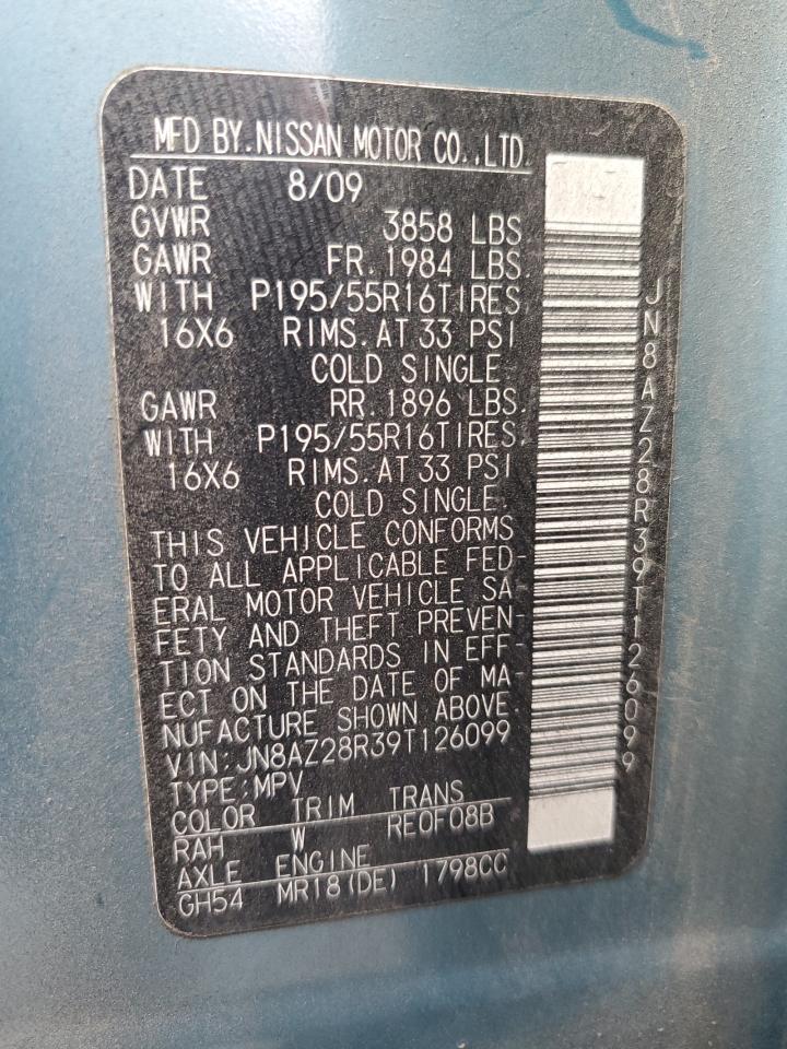 2009 Nissan Cube Base VIN: JN8AZ28R39T126099 Lot: 93006725