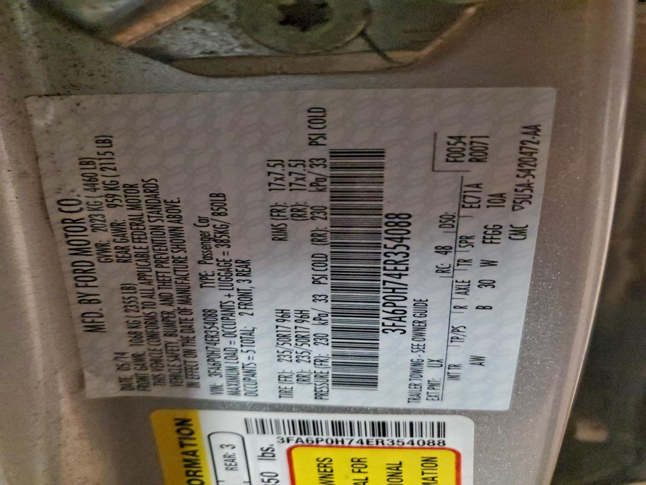 2014 Ford Fusion Se VIN: 3FA6P0H74ER354088 Lot: 93599405