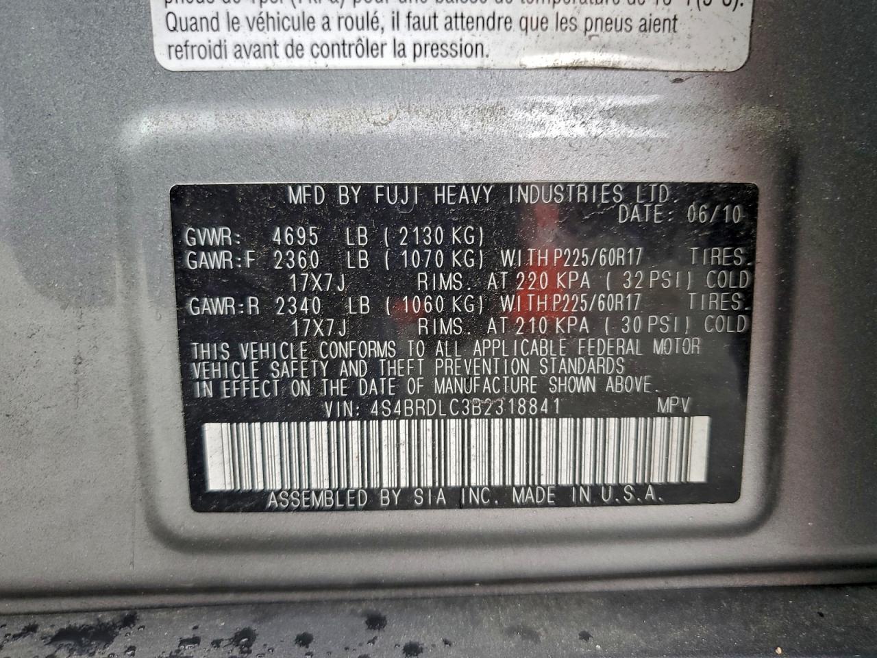 2011 Subaru Outback 3.6R Limited VIN: 4S4BRDLC3B2318841 Lot: 94559835