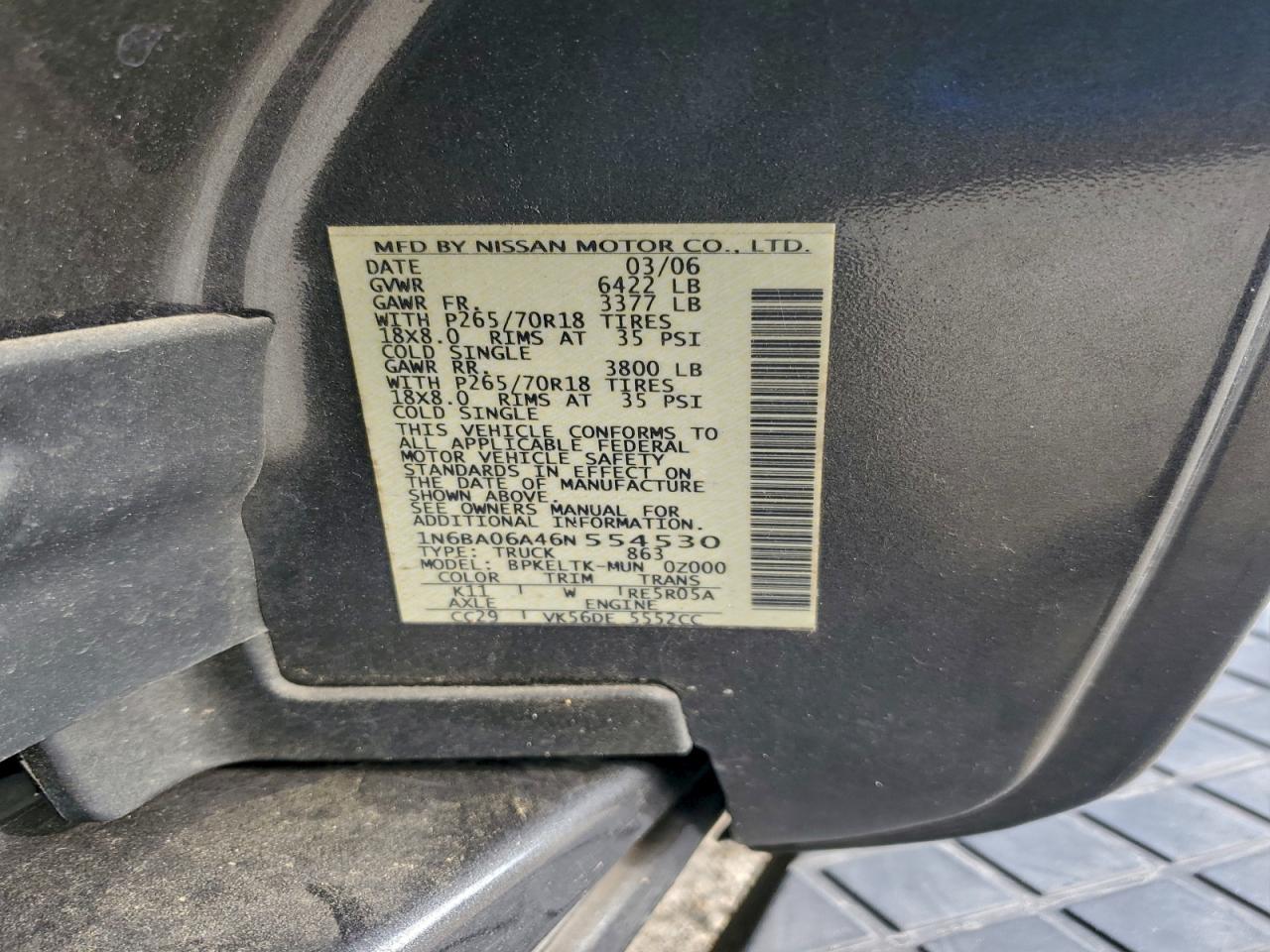 2006 Nissan Titan Xe VIN: 1N6BA06A46N554530 Lot: 94329895