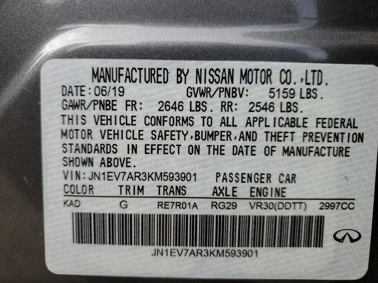 2019 Infiniti Q50 Luxe VIN: JN1EV7AR3KM593901 Lot: 91284205