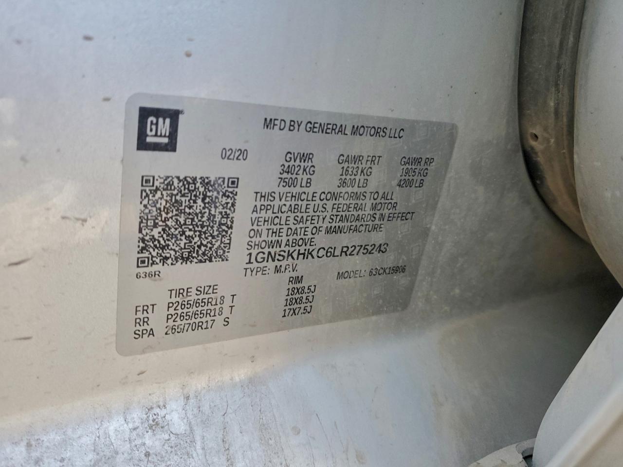 2020 Chevrolet Suburban K1500 Lt VIN: 1GNSKHKC6LR275243 Lot: 94475365