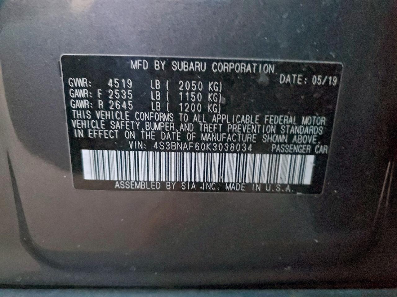 2019 Subaru Legacy 2.5I Premium VIN: 4S3BNAF60K3038034 Lot: 94138775