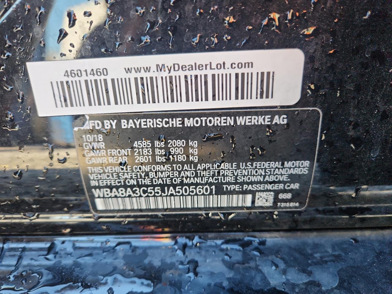 2018 BMW 320 Xi VIN: WBA8A3C55JA505601 Lot: 92237975