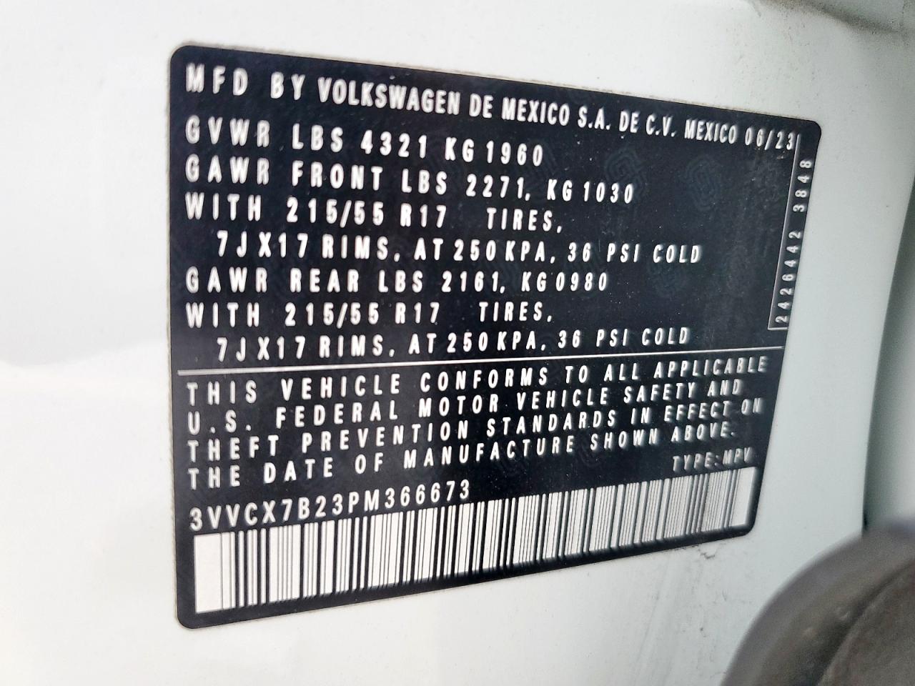 2023 Volkswagen Taos S VIN: 3VVCX7B23PM366673 Lot: 92948175