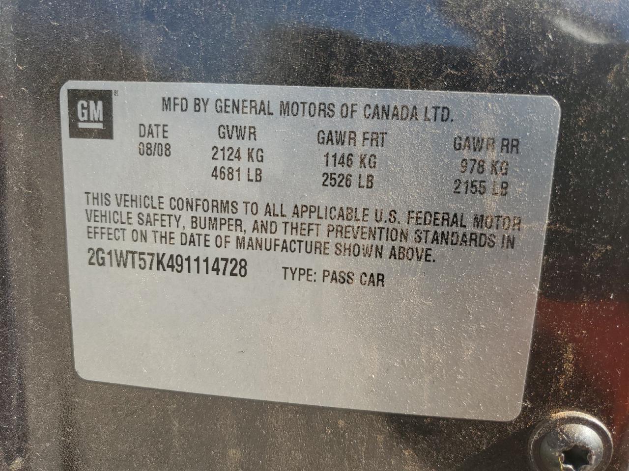 2009 Chevrolet Impala 1Lt VIN: 2G1WT57K491114728 Lot: 91528915