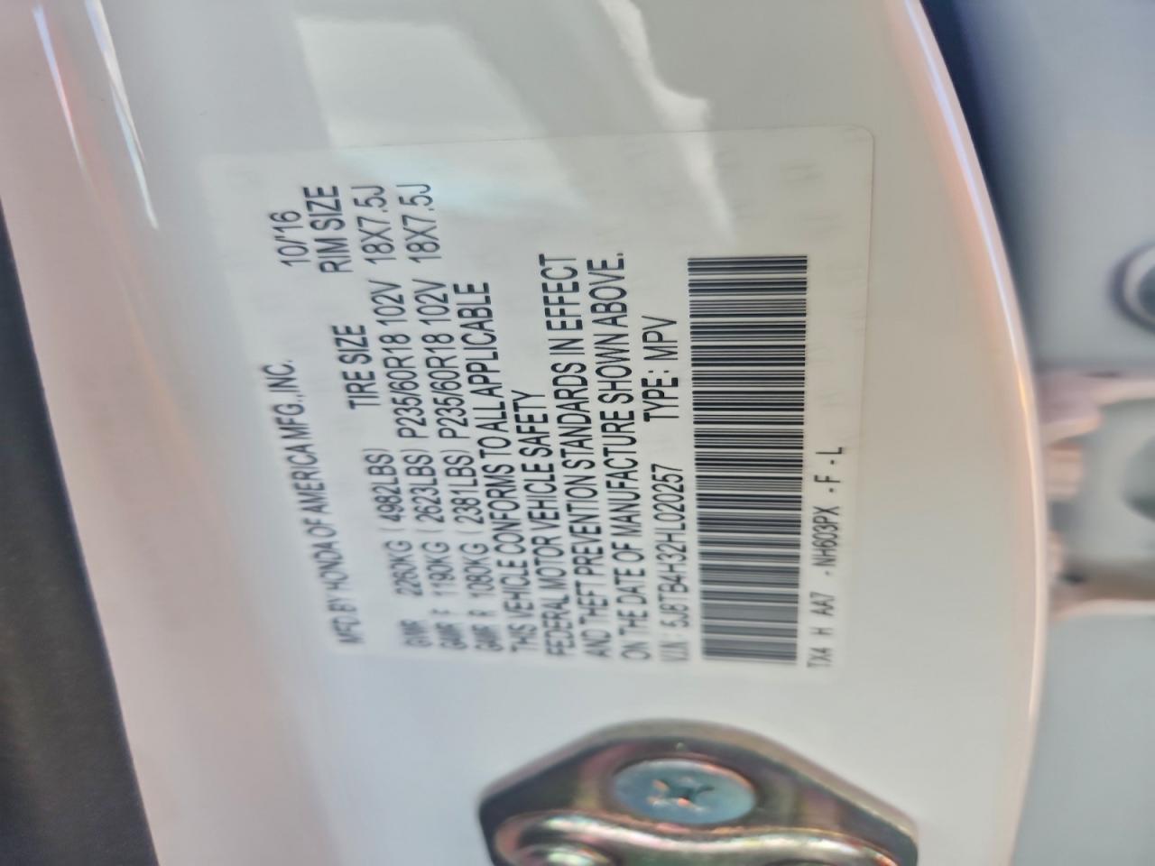 2017 Acura Rdx VIN: 5J8TB4H32HL020257 Lot: 94523275