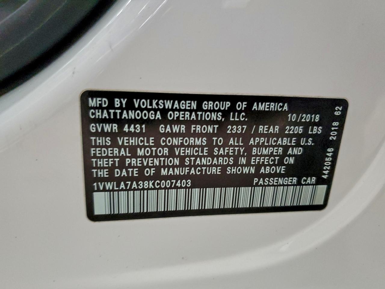 2019 Volkswagen Passat Wolfsburg VIN: 1VWLA7A38KC007403 Lot: 94475645