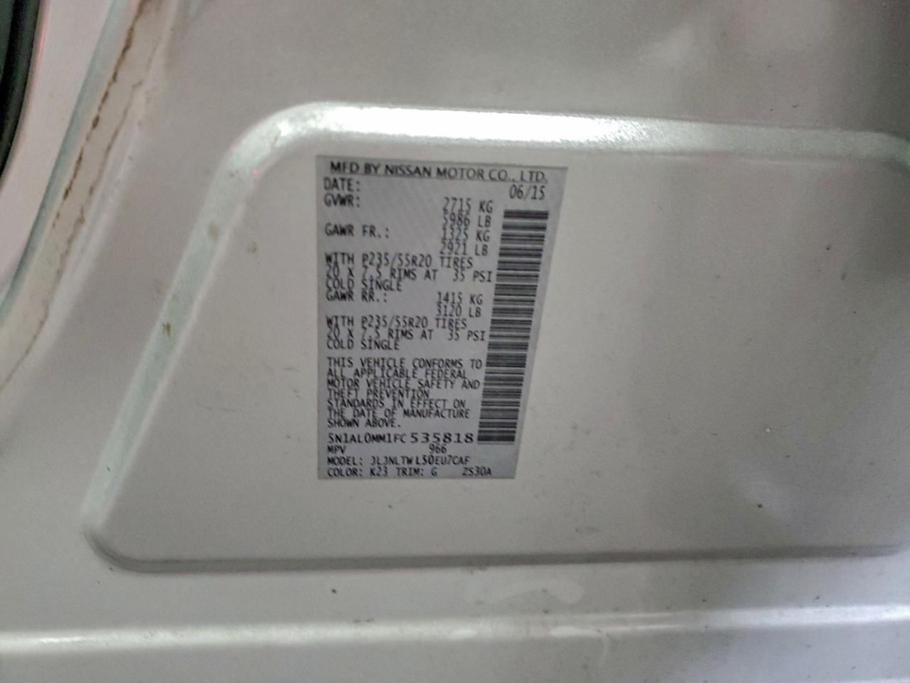 2015 Infiniti Qx60 VIN: 5N1AL0MM1FC535818 Lot: 93938845